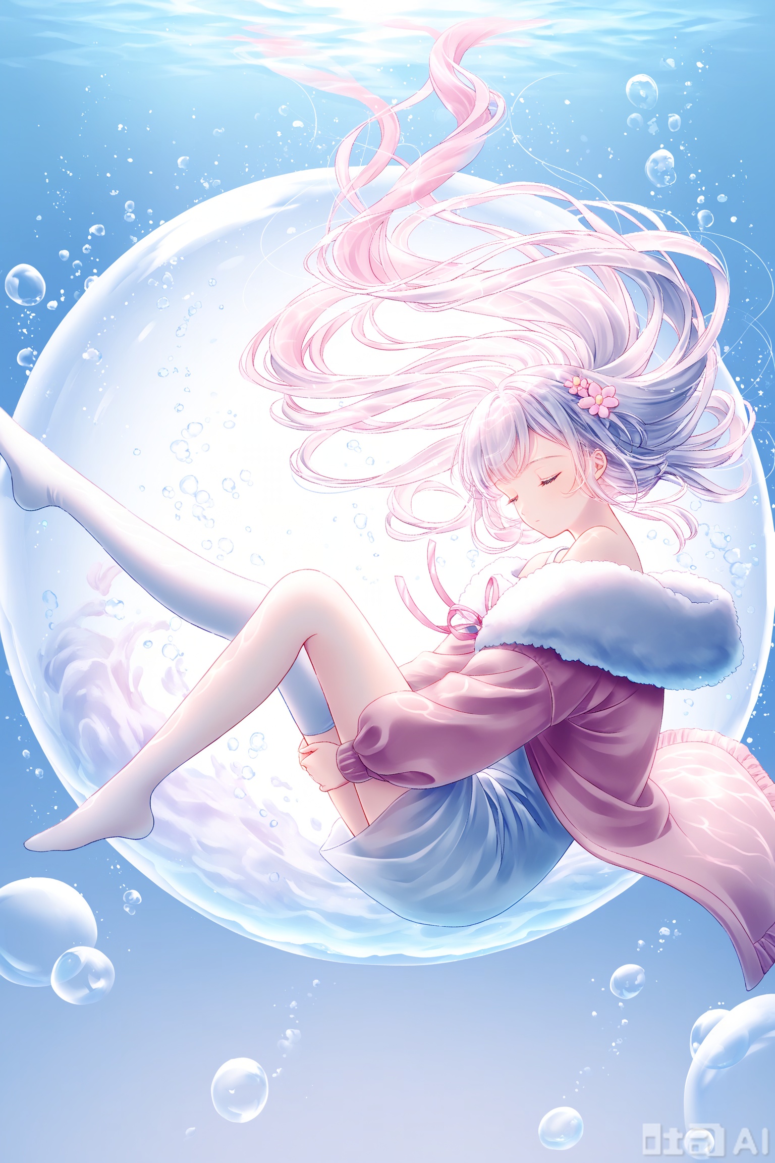 1girl,solo,long hair,Close eyes,bangs,Pink hair,thighhighs,loose oversized casual T-shirt,white shirt,hoodie coat,ribbon,bare shoulders,closed mouth,full body,white hair,water,from side,white thighhighs,floating hair,puffy sleeves,fur-trimmed jacket,hair flowers,upturned hair,single thighhigh,holding legs,underwater,bent at the knee,floating in a body of water.The background is a deep blue,with a few splashes of water surrounding her.Foam,surrounded by bubbles,