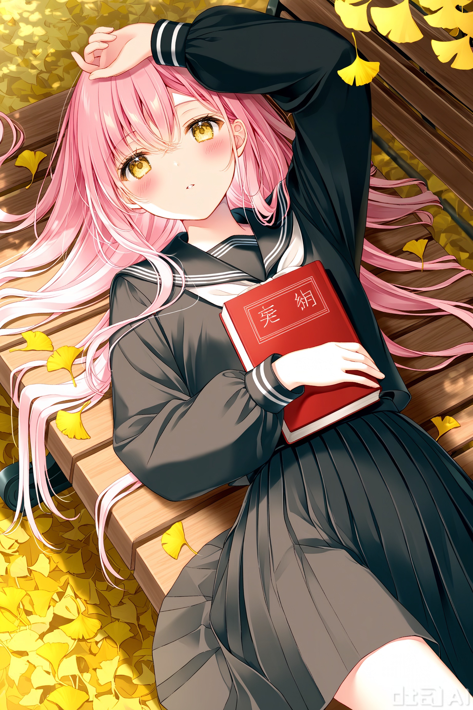1girl,solo,skirt,pink hair,school uniform,shirt,lying,serafuku,black shirt,on back,blush,long sleeves,long hair,sailor collar,black skirt,black serafuku,pleated skirt,black sailor collar,bangs,looking at viewer,bow,autumn leaves,arm up,hair between eyes,leaf,outdoors,yellow eyes,puffy long sleeves,bench,ginkgo leaf,closed mouth,day,on bench,parted lips,autumn,holding book,