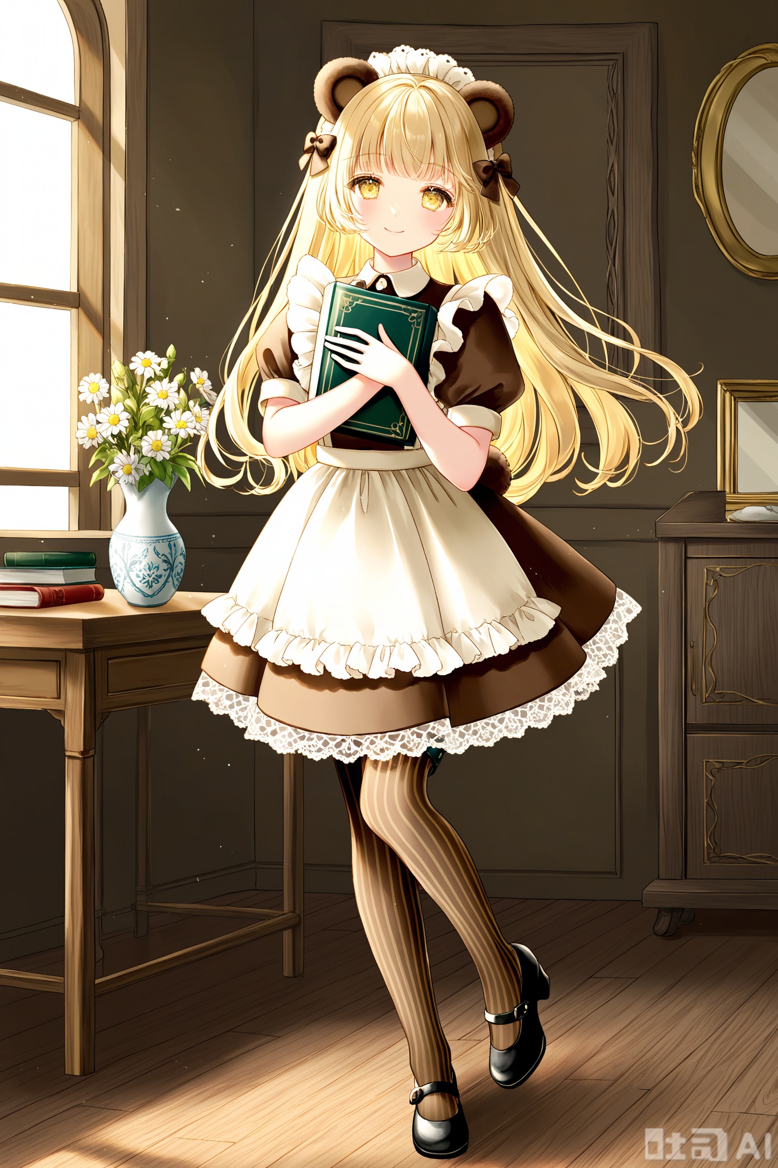 1girl,solo,black footwear,brown pantyhose,blonde hair,holding,dress,book,indoors,brown dress,maid,flower,apron,standing,bow,looking at viewer,full body,vase,bangs,table,short sleeves,shoes,long hair,hair bow,yellow eyes,wooden floor,standing on one leg,smile,holding book,frills,maid headdress,Bear ears,Bear Tail,striped pantyhose,vertical-striped pantyhose,thigh strap,Organza lace,