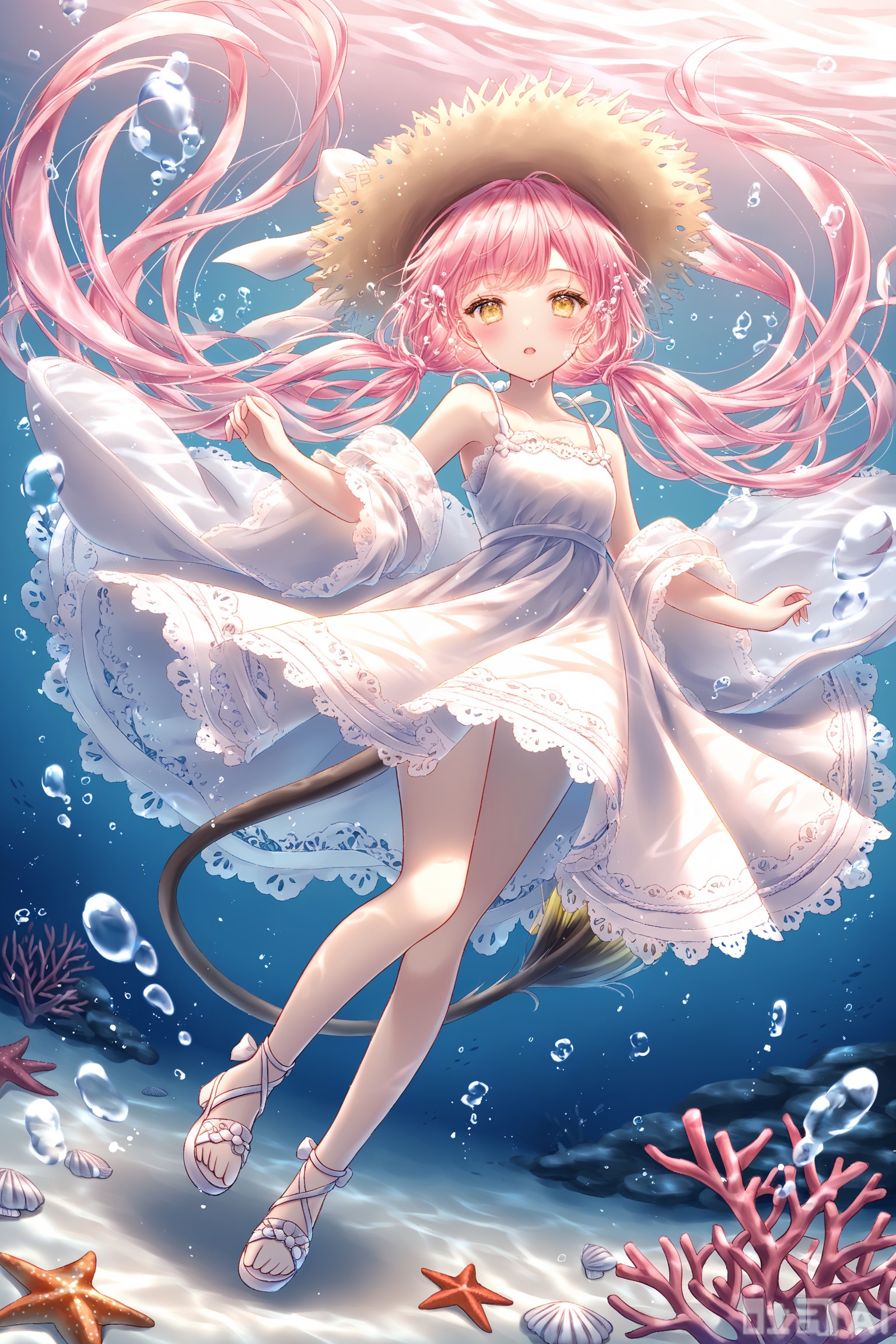 1girl,solo,long hair,looking at viewer,blush,open mouth,bangs,yellow eyes,hat,dress,bare shoulders,twintails,tail,full body,pink hair,sleeveless,white dress,sleeveless dress,sandals,headwear removed,bubble,hat removed,underwater,straw hat,sundress,air bubble,shell,starfish,coral,wet,bioluminescence,lace,wide sleeves,dynamic angle,dynamic pose,Dynamic hair,long eyelashes,fantasy,glowing,snow,