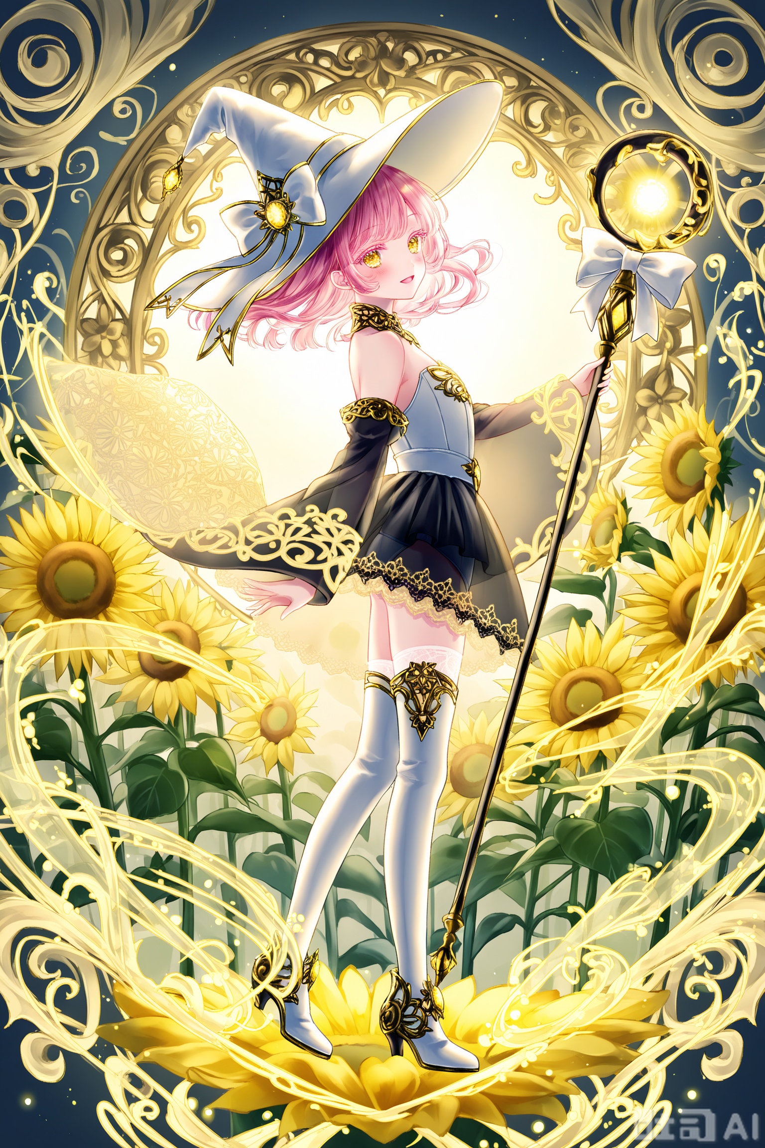 1girl,hat,yellow eyes,solo,thighhighs,staff,pink hair,holding,witch hat,open mouth,smile,white thighhighs,holding staff,leotard,bow,standing,looking at viewer,white headwear,short hair,full body,:d,white leotard,bare shoulders,thigh boots,skirt,hat bow,blush,detached sleeves,white bow,long eyelashes,colored eyelashes,fantasy,black dress,from side,long hair,floating hair,see-through clothes,see-through body,parted lips,mascara,lace,wide sleeves,Sunflower Fields,bioluminescence,Clothes with gold patterns,