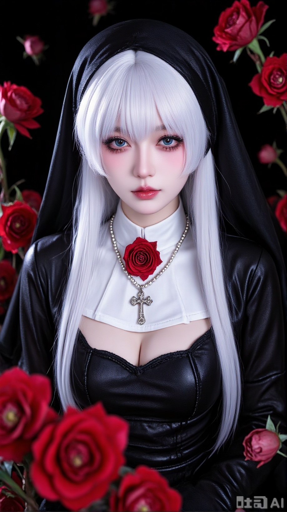 The image depicts a stylized anime-style illustration of a nun-like character with long white hair and a black habit. The...