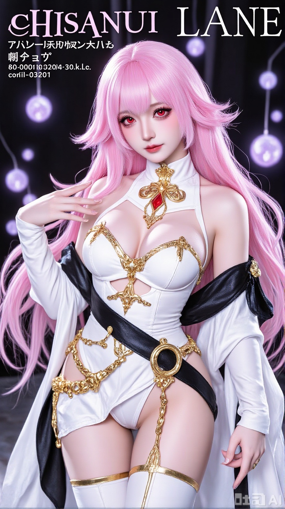 The image depicts a vibrant anime-style illustration of a female character with long,  flowing pink hair. She is wearing a...