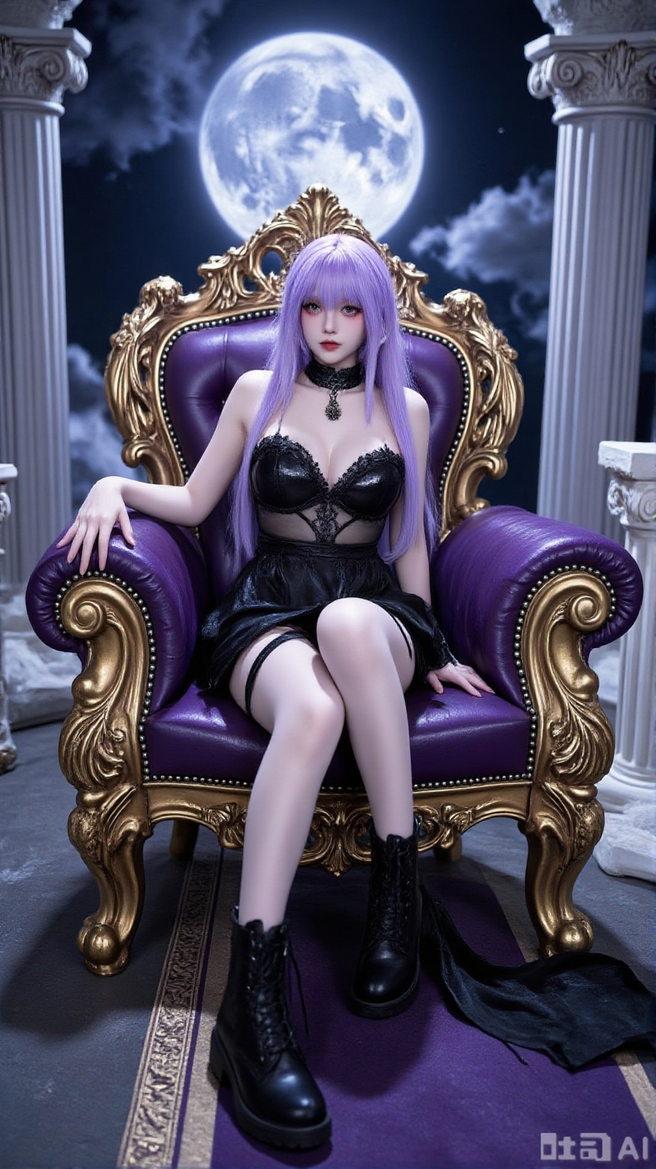 The image depicts a character sitting on an ornate,  purple throne with gold accents. The character has long,  purple hair...