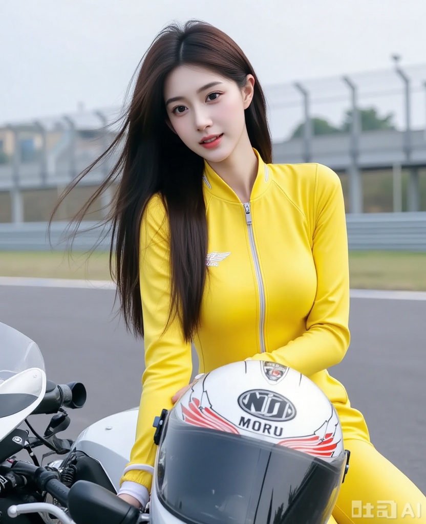 Chinese beauty, tall, plump and sexy, with long hair, wearing a yellow motorcycle racing suit, riding on a white motorcycle, parked on a track, and her helmet hung on the motorcycle.
Proud posture, exquisite three-dimensional facial features, fair skin, sufficient whitening and shiny central composition, super high details, ultra-high resolution, exquisite and delicate, cinematic atmosphere, realistic style, high-end sense, professional photography