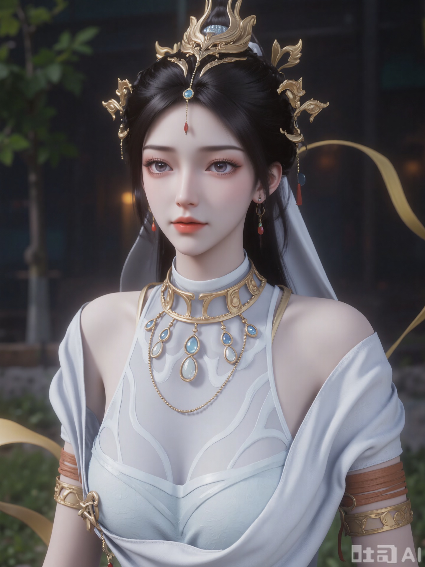 A high-quality digital illustration of a beautiful Asian woman with pale skin and long, dark hair adorned with golden, ornate accessories. She wears a white, sleeveless dress with intricate gold patterns and a high collar, accessorized with a detailed, layered necklace featuring blue gemstones. The background features a blurred, dark outdoor setting with some greenery. The lighting is soft and natural, highlighting her serene, delicate features. The art style is realistic with a slight fantasy touch, showcasing fine details and smooth textures. The image exudes elegance and grace, with a focus on traditional Asian aesthetics.,zichu-YCSN