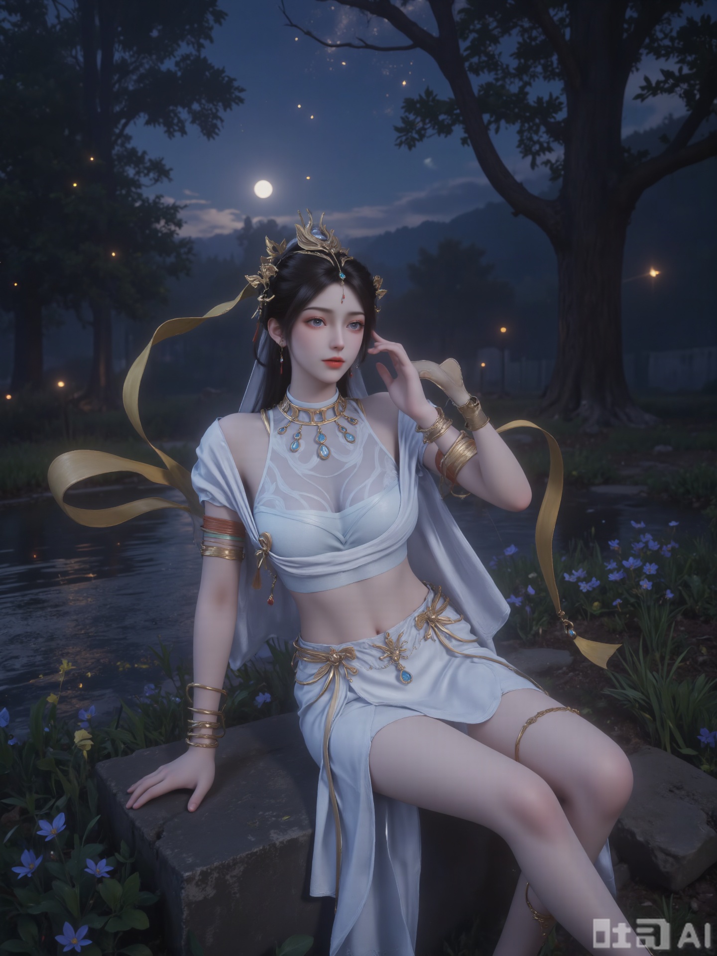 "Digital artwork of a beautiful,  ethereal woman with fair skin and long dark hair,  delicate golden headdress and matchin...