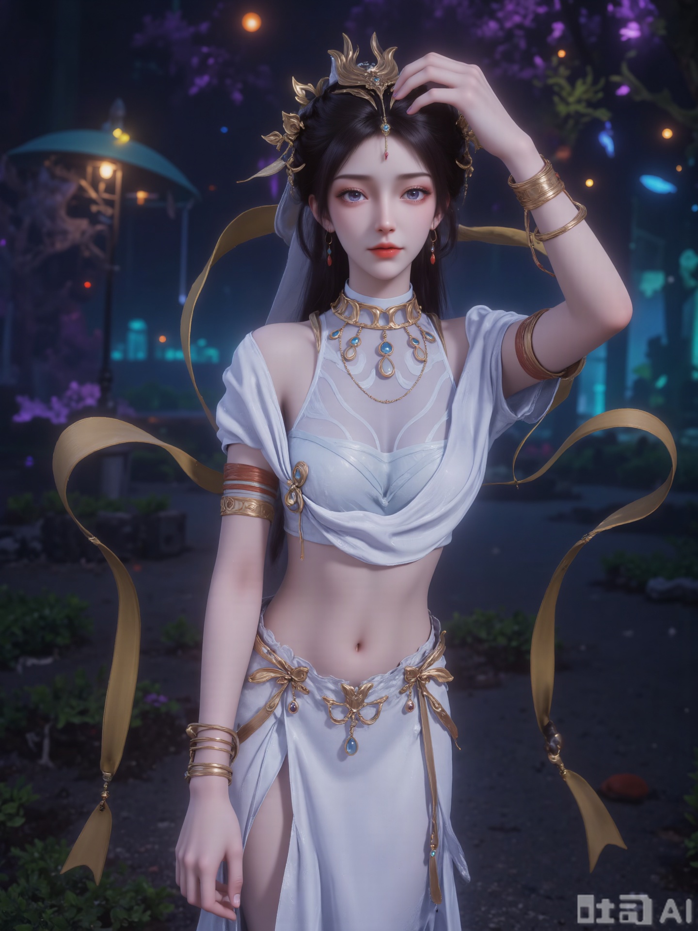 Digital artwork of a beautiful,  ethereal woman with fair skin and long dark hair,  delicate golden headdress and matching...