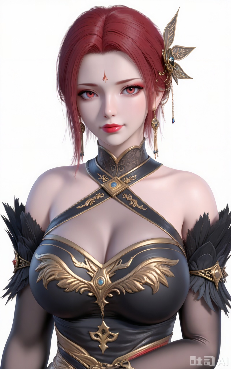 score_9,score_8_up,score_7_up,masterpiece,best quality,amazing quality,very aesthetic,high resolution,ultra-detailed,absurdres,newest,scenery,3D,rendered,{Prompt} BREAK depth of field,volumetric lighting,,yafei,1girl,breasts,solo,red hair,jewelry,cleavage,dress,earrings,black dress,hair ornament,white background,looking at viewer,facial mark,bare shoulders,halterneck,large breasts,simple background,bridal gauntlets,short hair,forehead mark,gloves,halter dress,feathers,makeup,upper body,elbow gloves,red lips,lips,ring,closed mouth,red eyes,detached sleeves,15,
