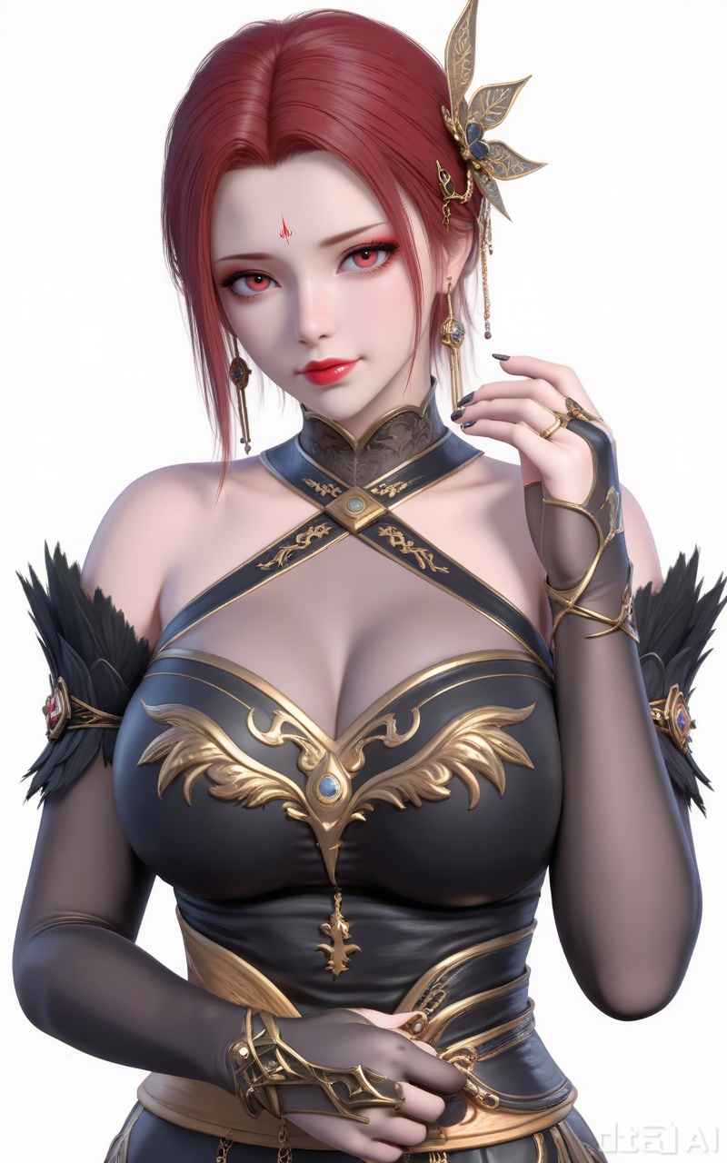 score_9,score_8_up,score_7_up,masterpiece,best quality,amazing quality,very aesthetic,high resolution,ultra-detailed,absurdres,newest,scenery,3D,rendered,{Prompt} BREAK depth of field,volumetric lighting,,yafei,1girl,breasts,solo,red hair,jewelry,cleavage,dress,earrings,black dress,hair ornament,white background,looking at viewer,facial mark,bare shoulders,halterneck,large breasts,simple background,bridal gauntlets,short hair,forehead mark,gloves,halter dress,feathers,makeup,upper body,elbow gloves,red lips,lips,ring,closed mouth,red eyes,detached sleeves,15,
