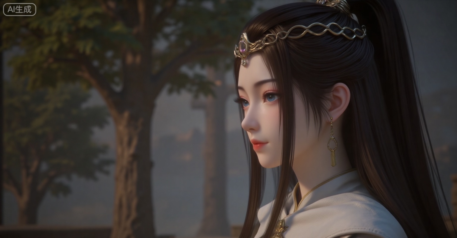 1girl, earrings, jewelry, solo, hair ornament, long hair, upper body, black hair, dress, closed mouth, hair bun, blurry background, blurry, white dress, blue eyes, expressionless,pony-tail,high ponytail,
lvjing,pifu,guanghuapifu,
blurry_background,tree,flowes,yuanyao