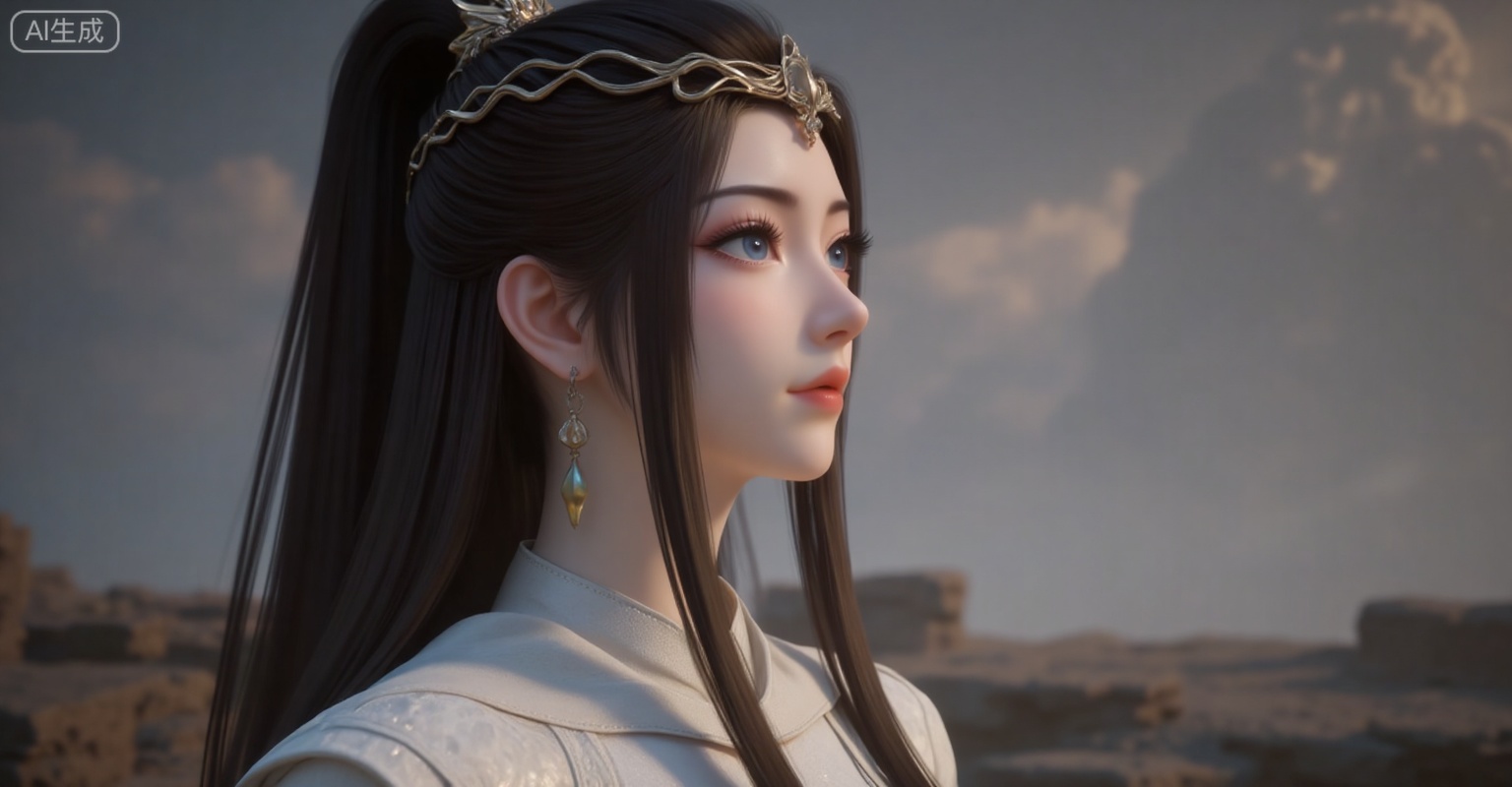 1girl, earrings, jewelry, solo, hair ornament, long hair, upper body, black hair, dress, closed mouth, hair bun, blurry background, blurry, white dress, blue eyes, expressionless,pony-tail,high ponytail,
lvjing,pifu,guanghuapifu,
blurry_background,tree,flowes,yuanyao