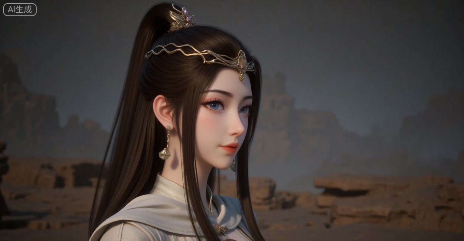 1girl, earrings, jewelry, solo, hair ornament, long hair, upper body, black hair, dress, closed mouth, hair bun, blurry background, blurry, white dress, blue eyes, expressionless,pony-tail,high ponytail,
lvjing,pifu,guanghuapifu,
blurry_background,tree,flowes,yuanyao