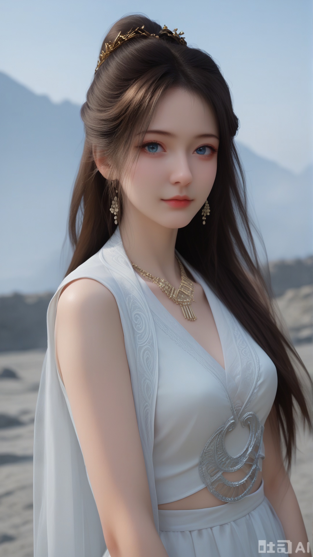 1girl, solo, black_hair, (white dress), blue eyes, upper_body, looking at viewer, exquisite skin, Solid white color background, high definition, Best quality, masterpiece, 4K,