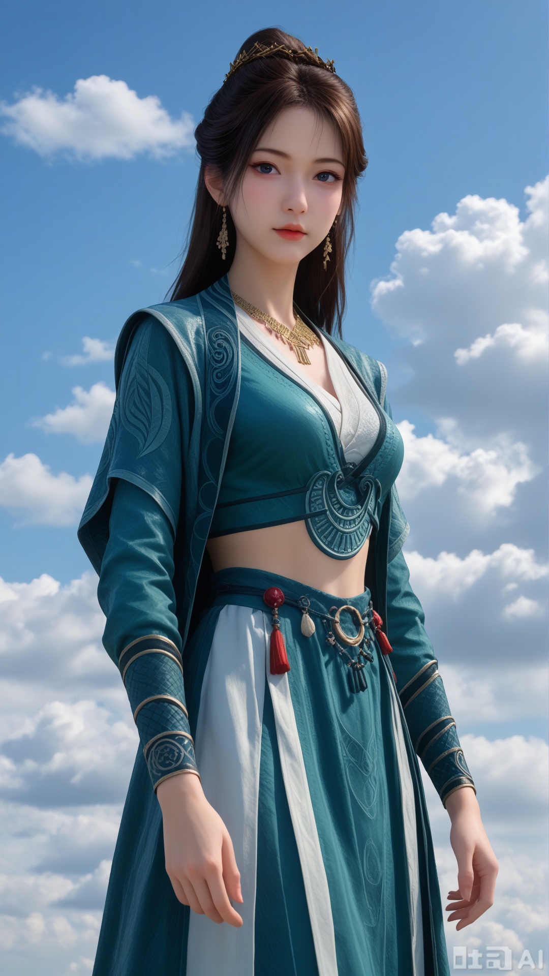 1girl, solo, MPL clothes, on cloud, cowboy_shot, looking at viewer, exquisite skin, Surrounded clouds background, high definition, Best quality, masterpiece, 4K,