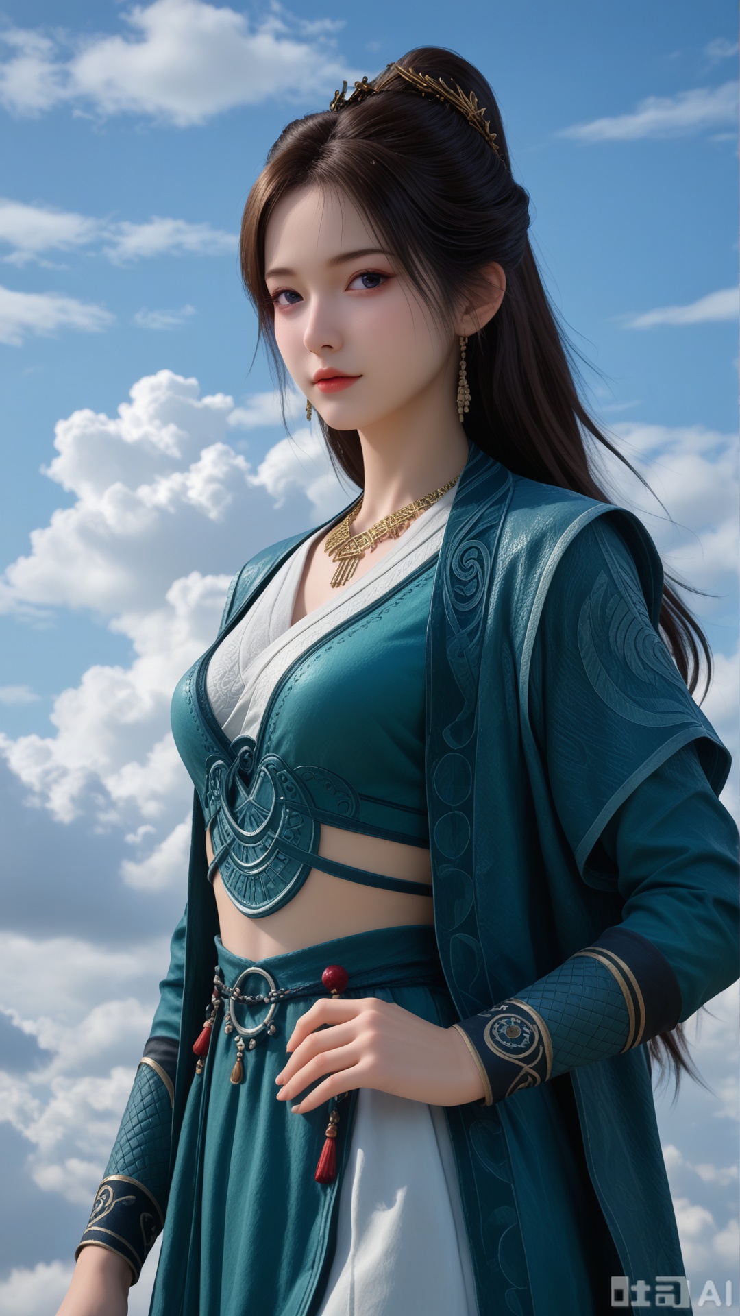 1girl, solo, MPL clothes, on cloud, cowboy_shot, looking at viewer, exquisite skin, Surrounded clouds background, high definition, Best quality, masterpiece, 4K,