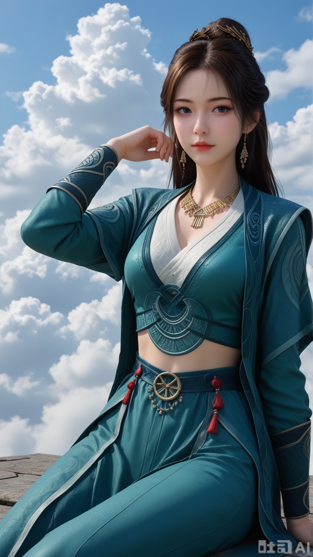 1girl, solo, MPL clothes, reclining, on cloud, cowboy_shot, looking at viewer, exquisite skin, Surrounded clouds background, high definition, Best quality, masterpiece, 4K,