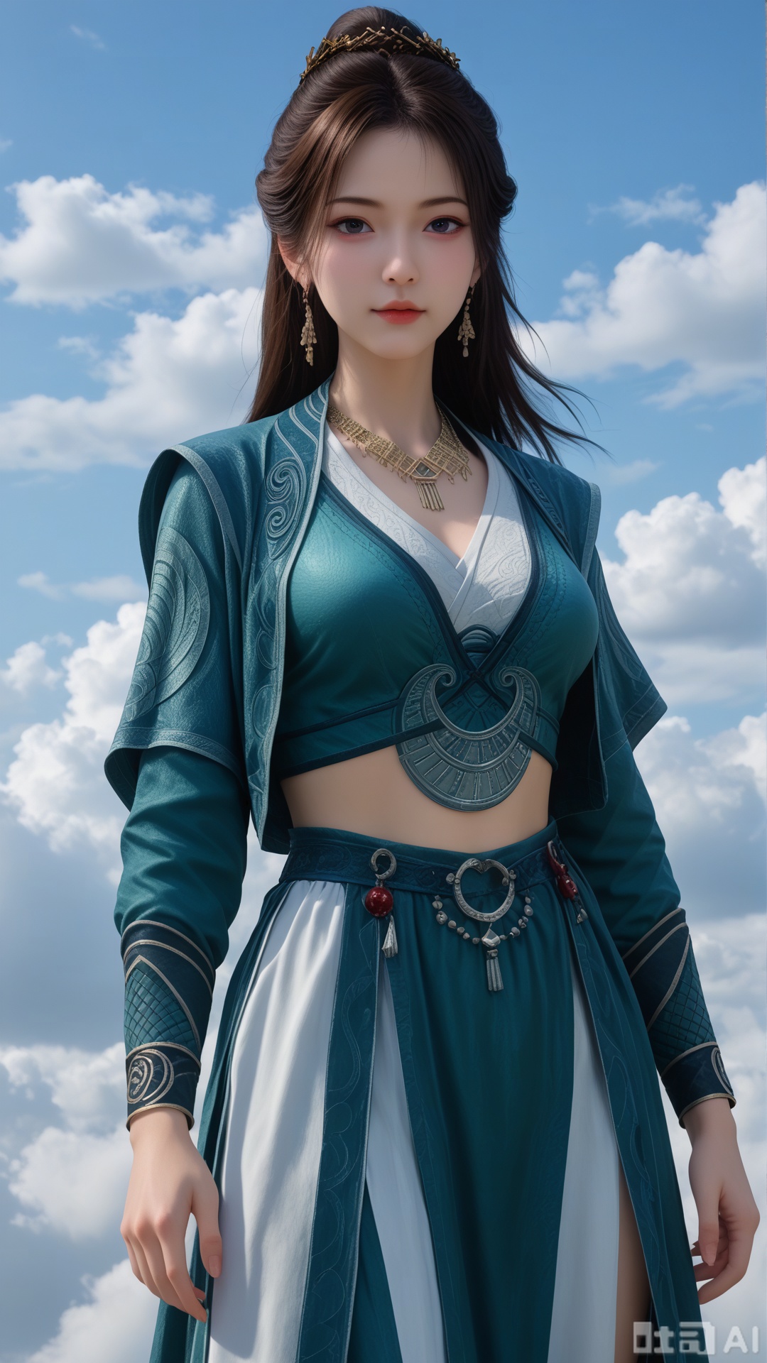 1girl, solo, MPL clothes, on cloud, cowboy_shot, looking at viewer, exquisite skin, Surrounded clouds background, high definition, Best quality, masterpiece, 4K,