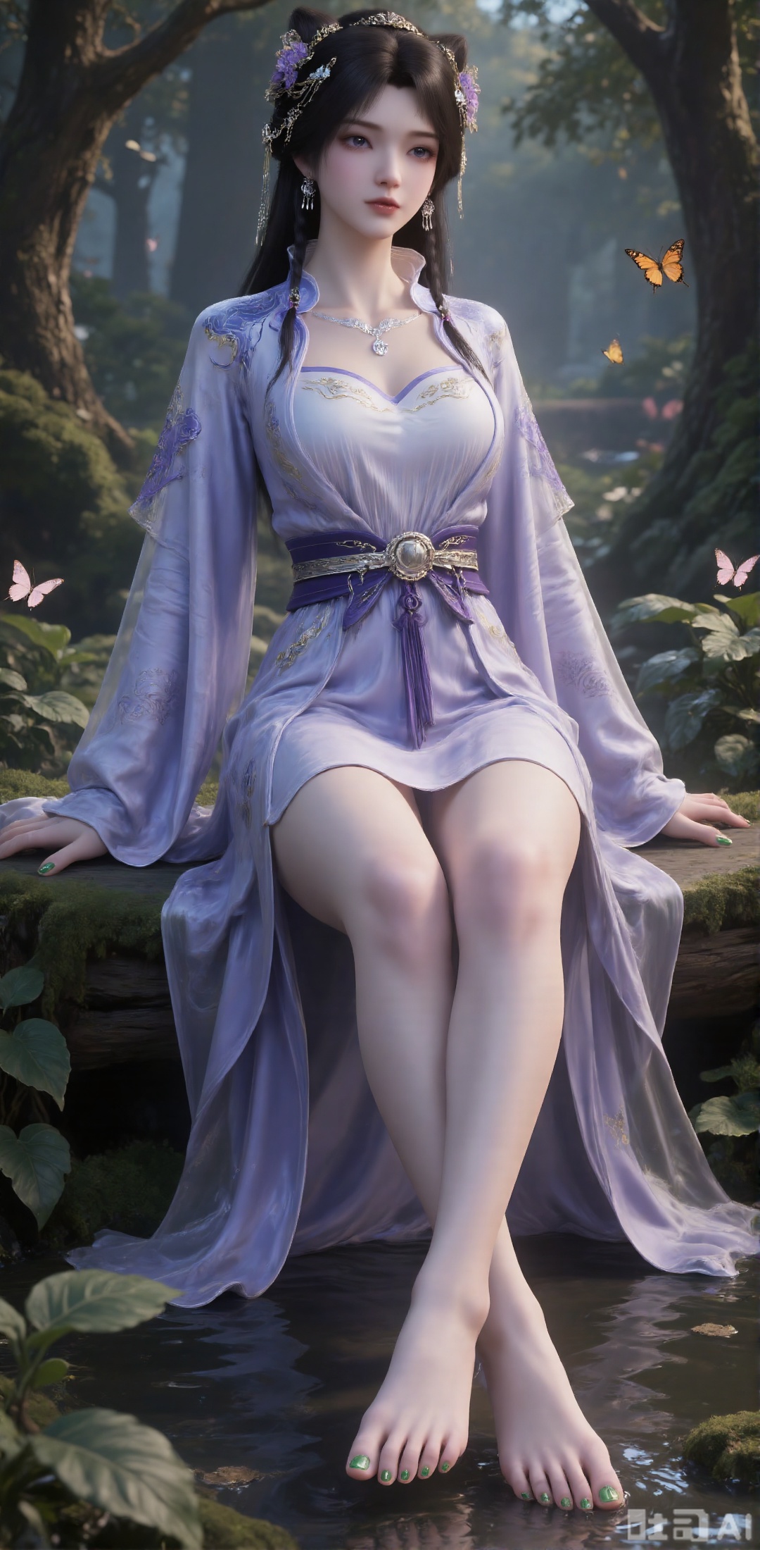The image is a digital illustration of a young woman sitting on a mossy log in the forest. She was wearing a purple dress with intricate patterns and patterns, with her legs crossed in front of her. She was barefoot and her toenails were covered with green nail polish. She has long, loose wavy hair, and wears earrings and garlands. The background is tall trees and dense green plants, and a few butterflies are flying around her. The overall atmosphere of this picture is quiet and peaceful.Facial features are extremely clear