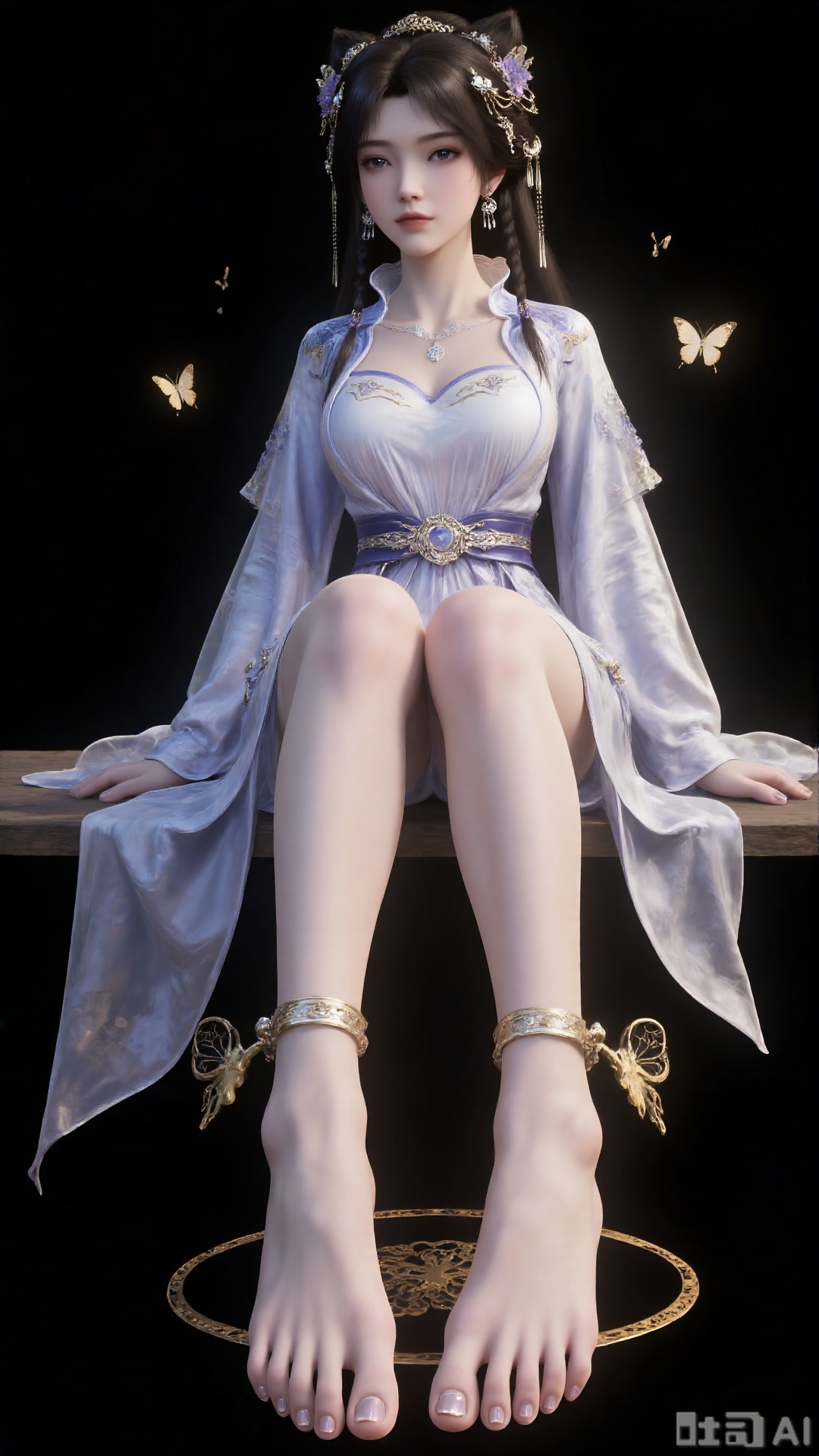 1 girl, single, dark brown hair, bob, wearing hair accessories, dress, wearing jewelry, white dress, looking at the audience, barefoot, butterfly shape decoration on her feet, pure black background,
Filters, filters, skin, very delicate, skin, flawless skin, exquisite, Yan Fei