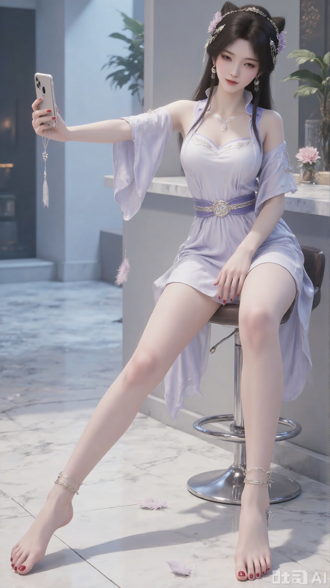 A woman in a sleeveless cubic top and light-colored shorts sat on a modern adjustable bar stool with her legs spread wide open and her cell phone in her hand held in front of her face. The color of her clothes is stylish and simple, just like the color of a macaron cookie. Her face was covered by her cell phone. Barefoot, stepping on the ground. She is in a modern interior with marble floors and a simple and smooth design. Take a selfie with your cell phone, barefoot, feathery decorations on your feet, red nail polish, charming legs