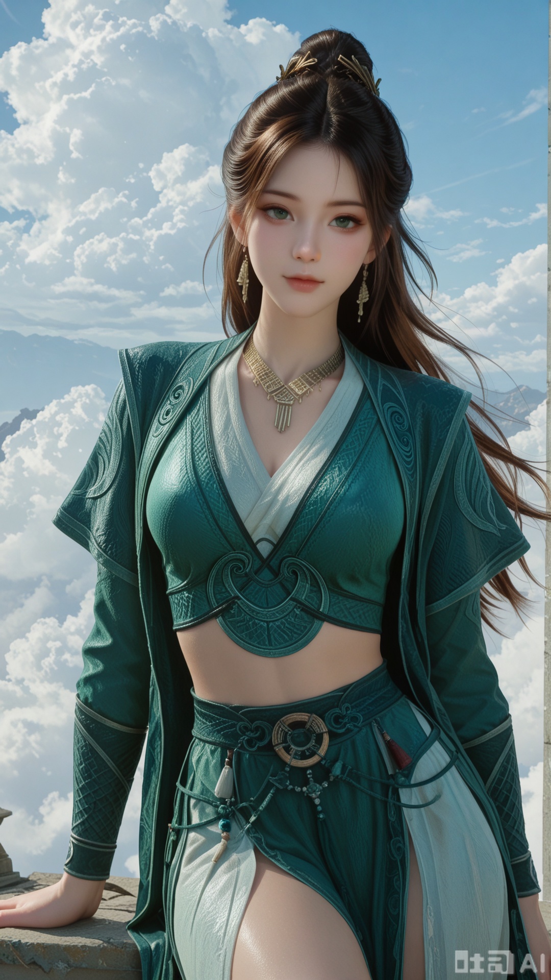 1girl, ornament, solo, MPL clothes, breasts, exquisite skin, on cloud, cowboy_shot, looking at viewer, even illumination, very awa, Solid clouds background,