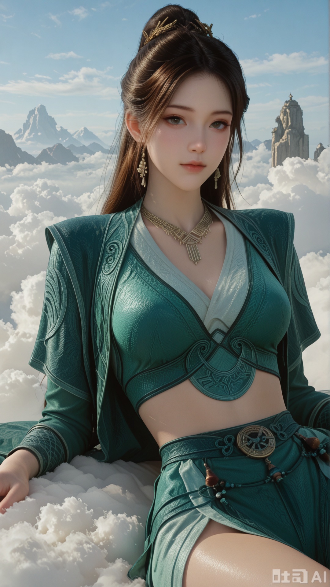 1girl, ornament, solo, MPL clothes, breasts, exquisite skin, on cloud, cowboy_shot, reclining, looking at viewer, even illumination, very awa, Solid clouds background,