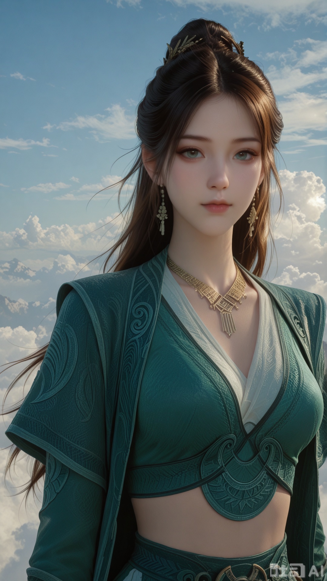 1girl, ornament, solo, MPL clothes, breasts, exquisite skin, on cloud, upper_body, looking at viewer, even illumination, very awa, Solid clouds background,