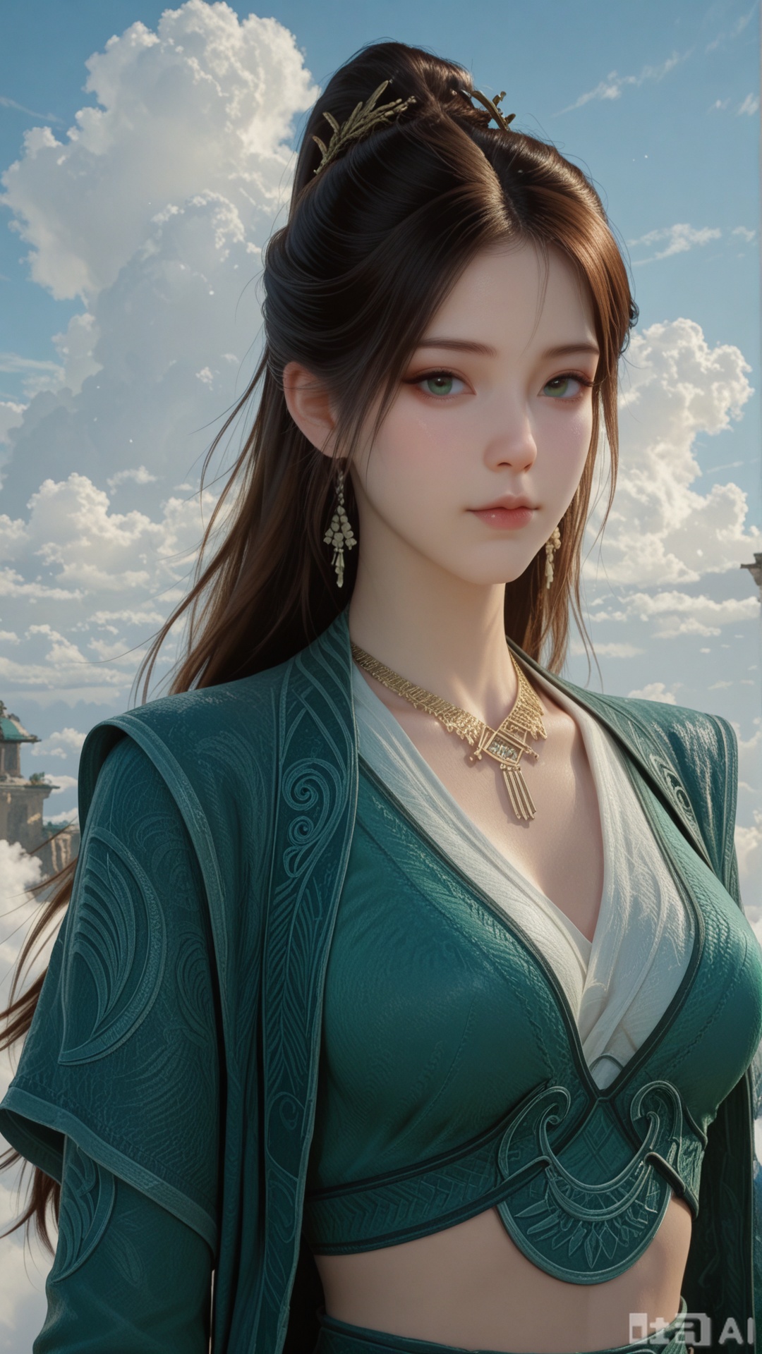 1girl, ornament, solo, MPL clothes, breasts, exquisite skin, on cloud, upper_body, looking at viewer, even illumination, very awa, Solid clouds background,