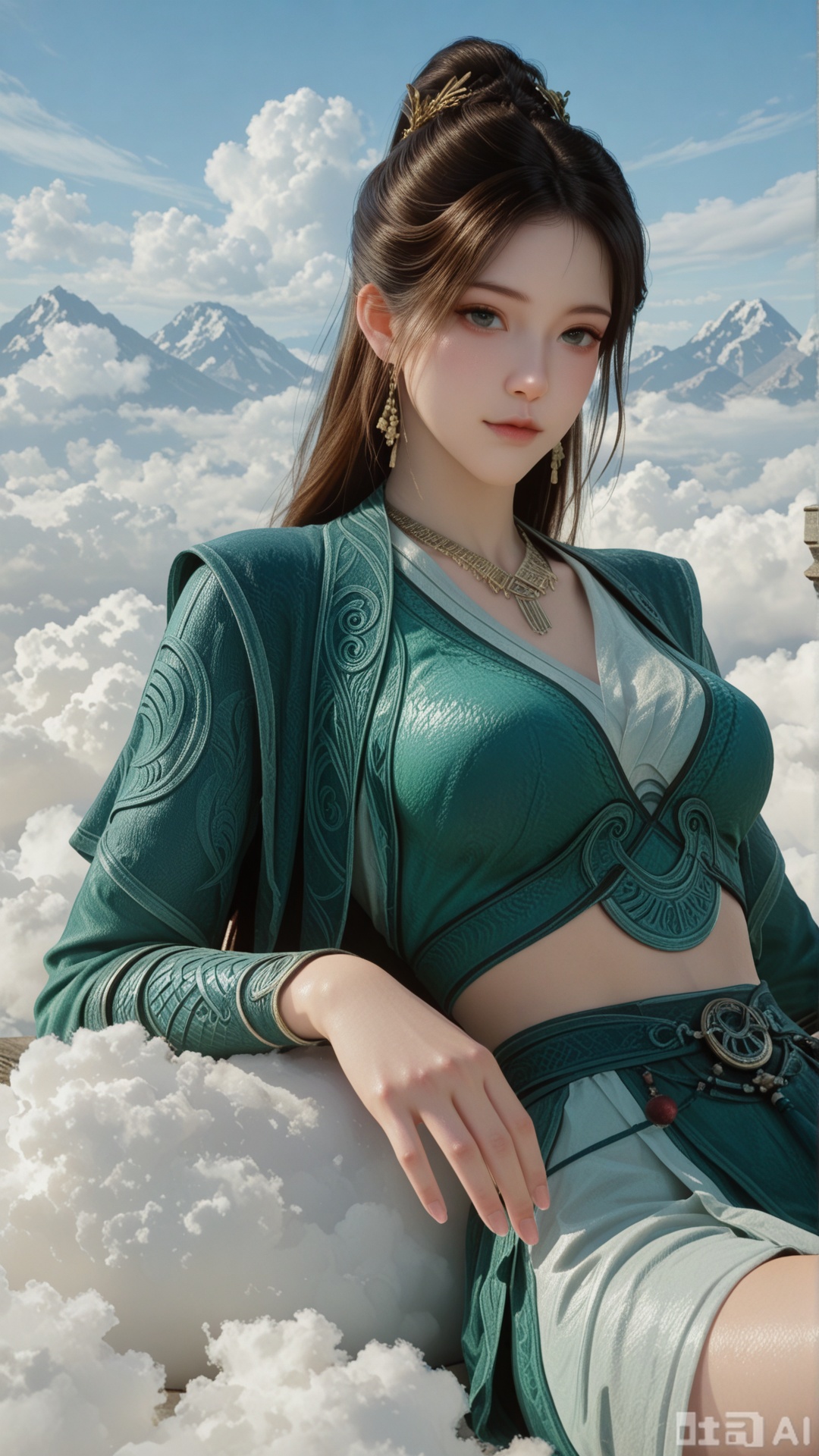 1girl, ornament, solo, MPL clothes, breasts, exquisite skin, on cloud, cowboy_shot, reclining, looking at viewer, even illumination, very awa, Solid clouds background,