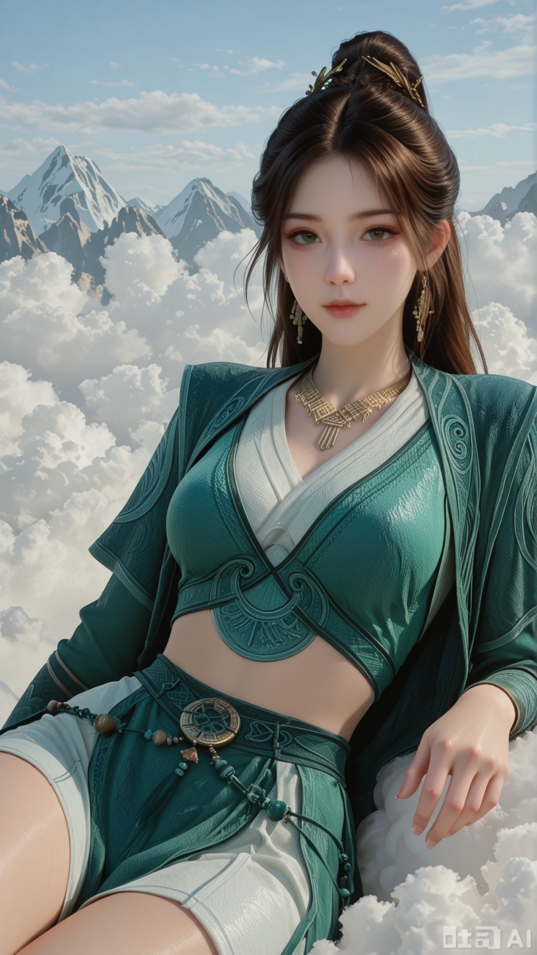 1girl, ornament, solo, MPL clothes, breasts, exquisite skin, on cloud, cowboy_shot, reclining, looking at viewer, even illumination, very awa, Solid clouds background,