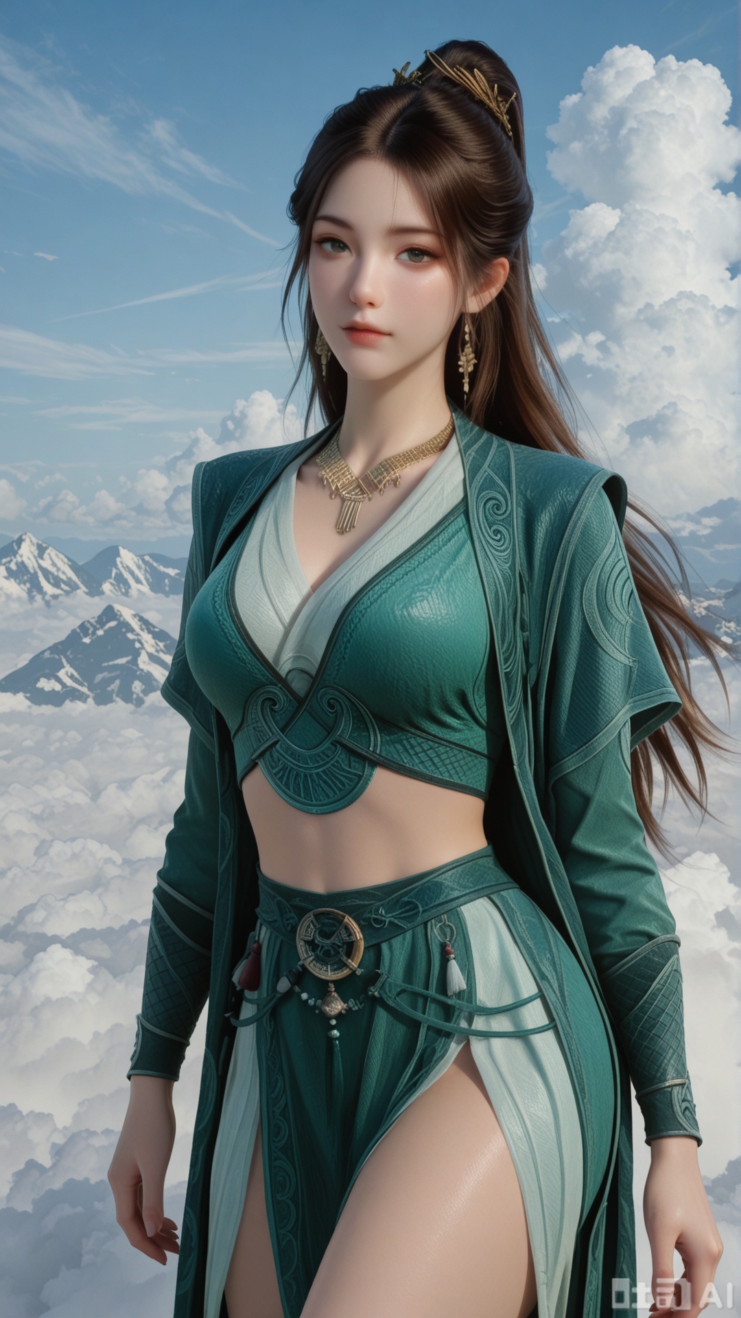 1girl, ornament, solo, MPL clothes, breasts, exquisite skin, on cloud, cowboy_shot, looking at viewer, even illumination, very awa, Solid clouds background,