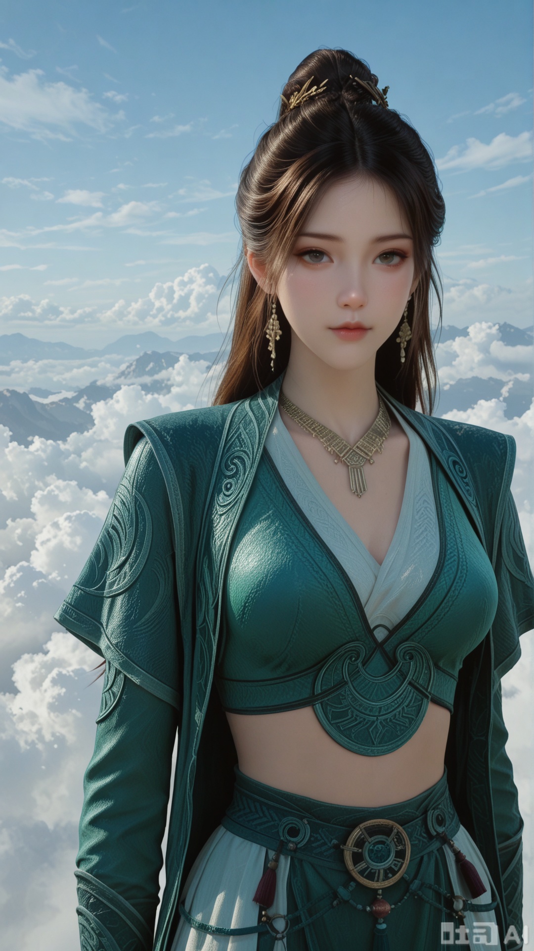 1girl, ornament, solo, MPL clothes, breasts, exquisite skin, on cloud, cowboy_shot, looking at viewer, even illumination, very awa, Solid clouds background,