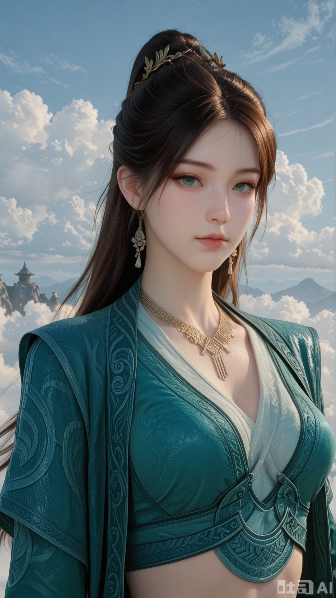 1girl, ornament, solo, MPL clothes, breasts, exquisite skin, on cloud, upper_body, looking at viewer, even illumination, very awa, Solid clouds background,