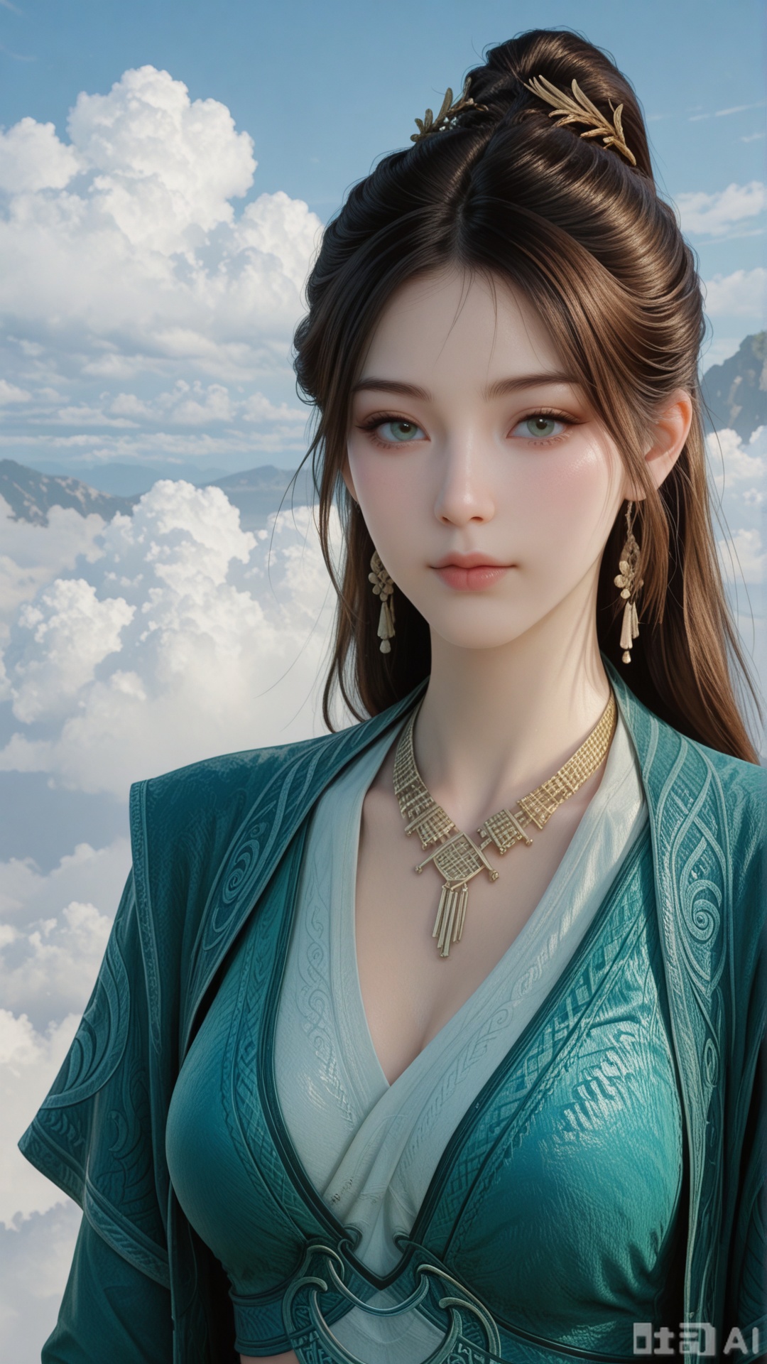 1girl, ornament, solo, MPL clothes, breasts, exquisite skin, on cloud, upper_body, looking at viewer, even illumination, very awa, Solid clouds background,