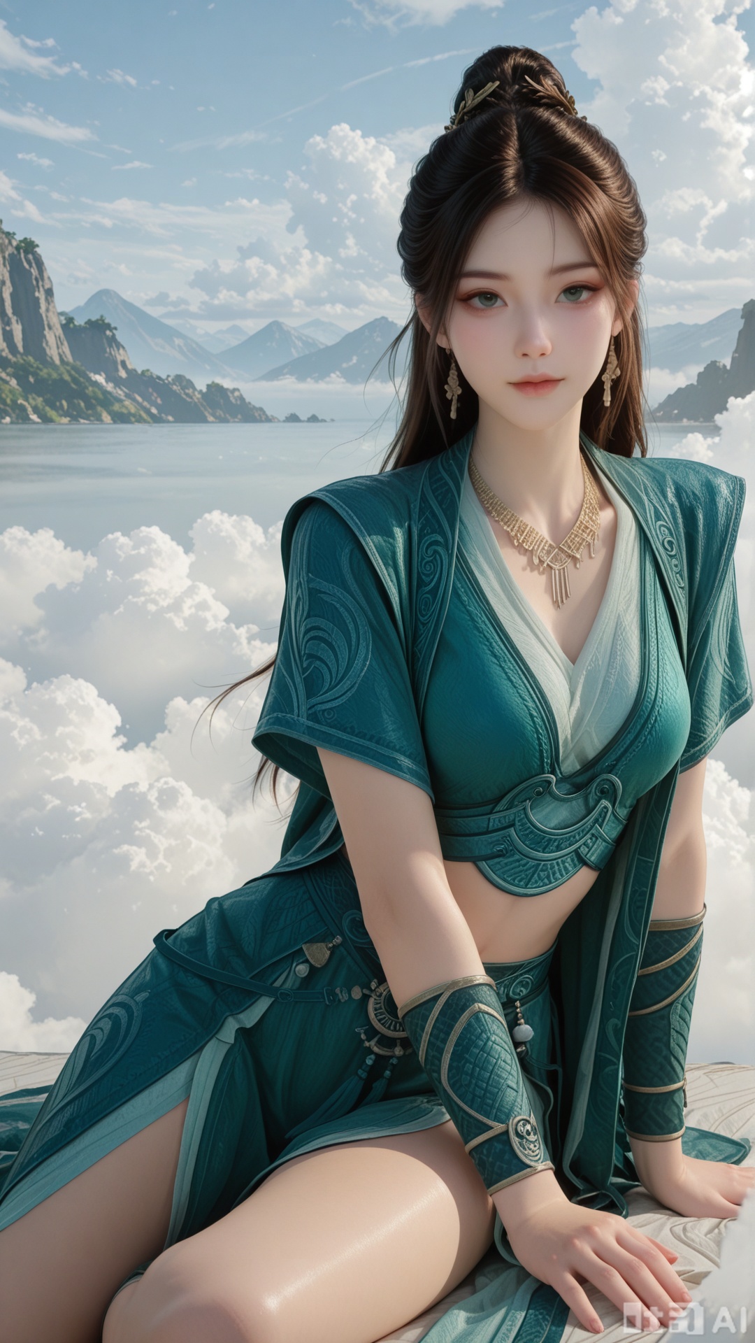 1girl, ornament, solo, MPL clothes, exquisite skin, on cloud, yokozuwari, cowboy_shot, looking at viewer, even illumination, very awa, Solid clouds background,