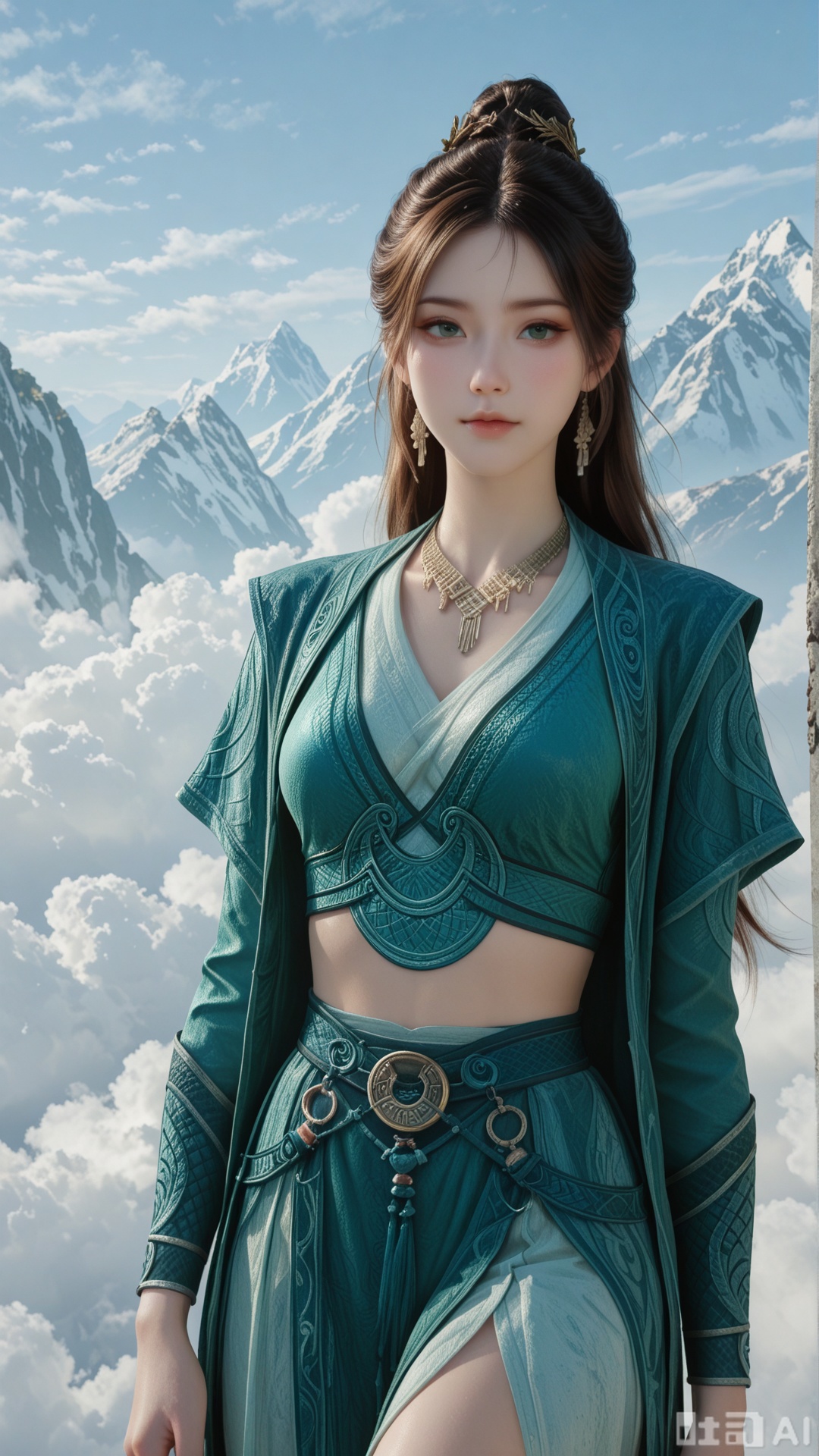 1girl, ornament, solo, MPL clothes, exquisite skin, on cloud, cowboy_shot, looking at viewer, even illumination, very awa, Solid clouds background,