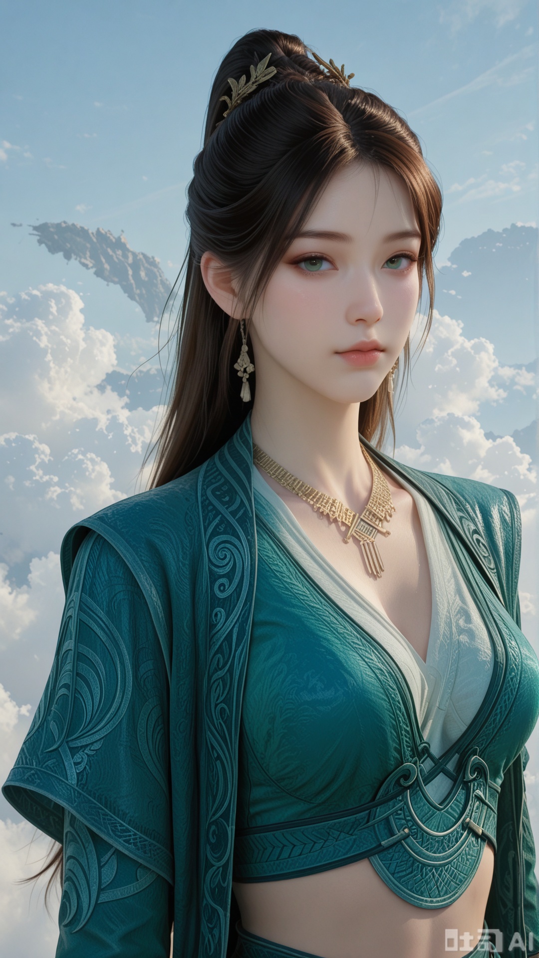 1girl, ornament, solo, MPL clothes, breasts, exquisite skin, on cloud, upper_body, looking at viewer, even illumination, very awa, Solid clouds background,