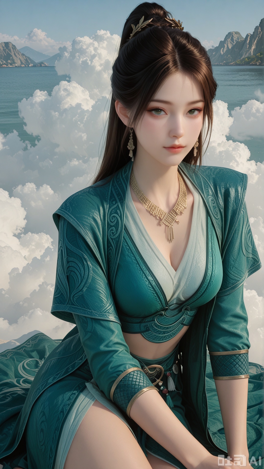 1girl, ornament, solo, MPL clothes, exquisite skin, on cloud, yokozuwari, cowboy_shot, looking at viewer, even illumination, very awa, Solid artistic background,