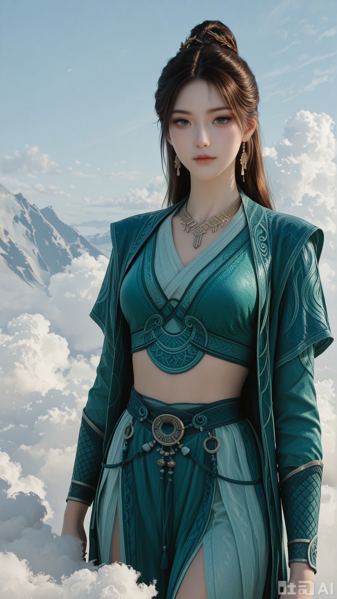1girl, ornament, solo, MPL clothes, exquisite skin, on cloud, cowboy_shot, looking at viewer, even illumination, very awa, Solid clouds background,