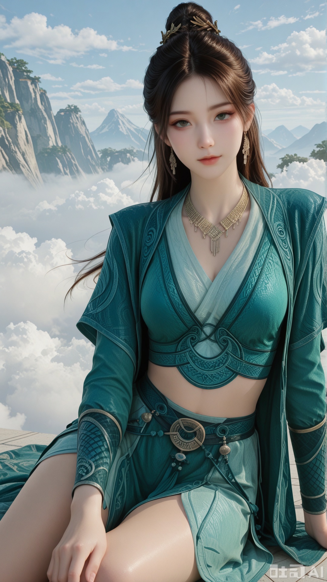 1girl, ornament, solo, MPL clothes, exquisite skin, on cloud, yokozuwari, cowboy_shot, looking at viewer, even illumination, very awa, Solid clouds background,