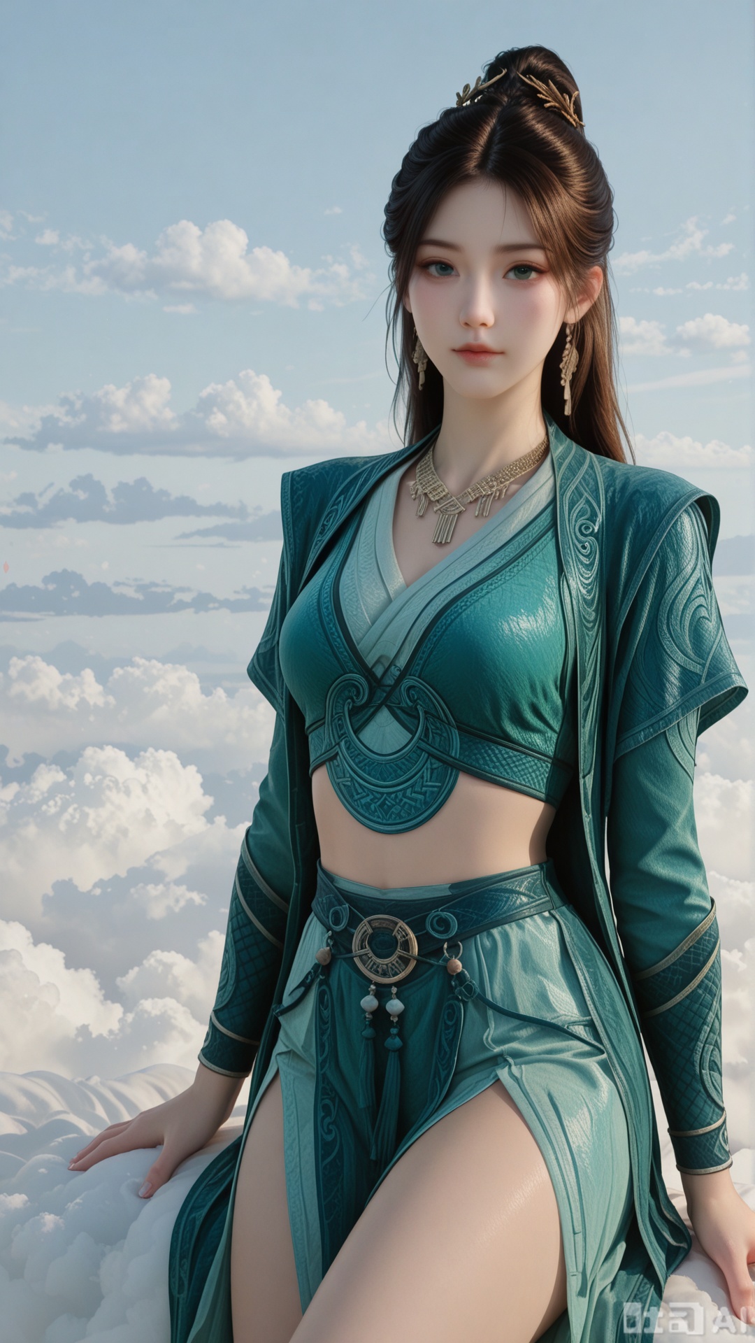 1girl, ornament, solo, MPL clothes, exquisite skin, on cloud, cowboy_shot, looking at viewer, even illumination, very awa, Solid clouds background,