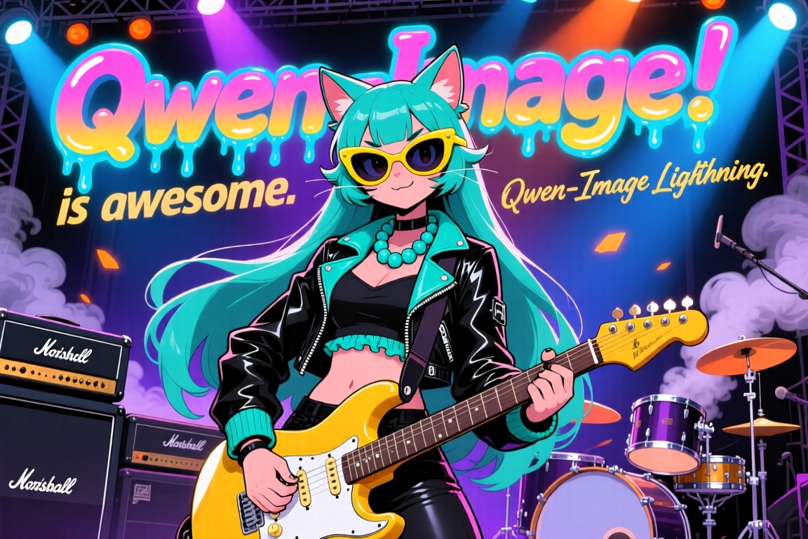 A stylized,  anthropomorphic cat girl with long,  flowing turquoise twin-tails and perky cat ears stands center stage unde...