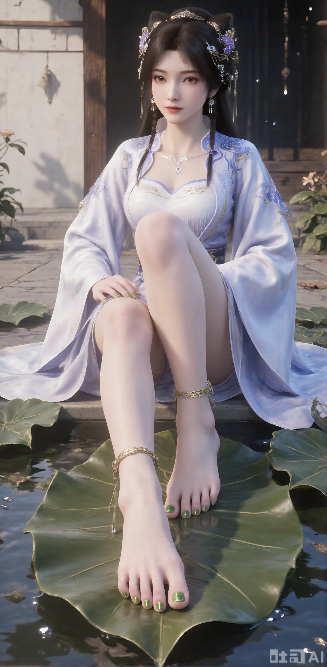 3D rendering of her sitting on a large leaf. Her feet were painted with green nail polish, adding a hint of color to her feet. Her hair was shining and her eyes were red. She wore a white long-sleeved shirt with blue decor on her head, matching green bracelets and a pair of swinging earrings. Her left hand is placed on her left foot and her right hand is placed on her right foot. The background is a white building, and the wall is a black wooden board dotted with water droplets, adding a sense of layering to the picture.