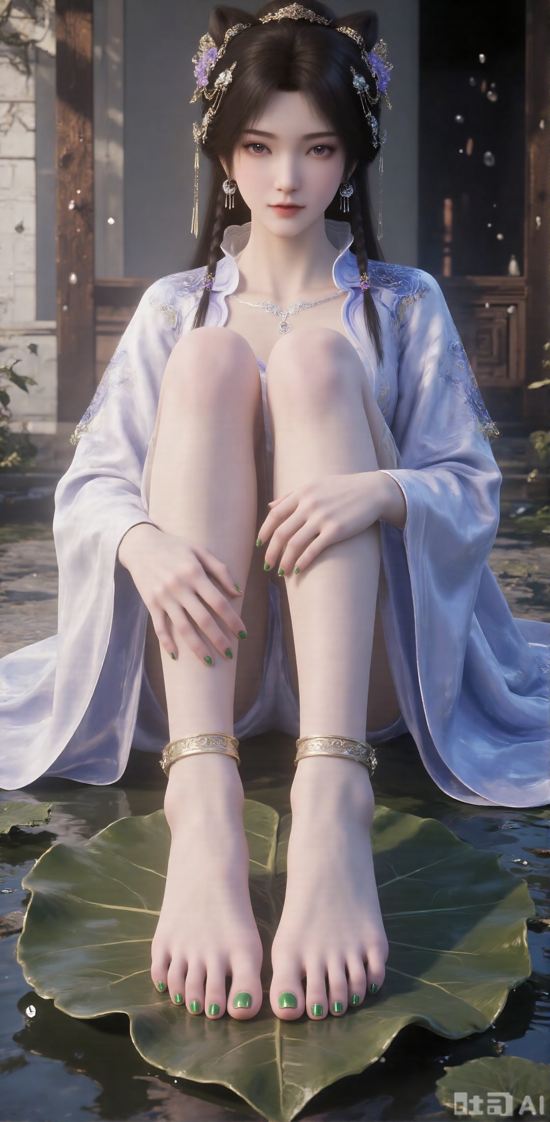 3D rendering of her sitting on a large leaf. Her feet were painted with green nail polish, adding a hint of color to her feet. Her hair was shining and her eyes were red. She wore a white long-sleeved shirt with blue decor on her head, matching green bracelets and a pair of swinging earrings. Her left hand is placed on her left foot and her right hand is placed on her right foot. The background is a white building, and the wall is a black wooden board dotted with water droplets, adding a sense of layering to the picture.
