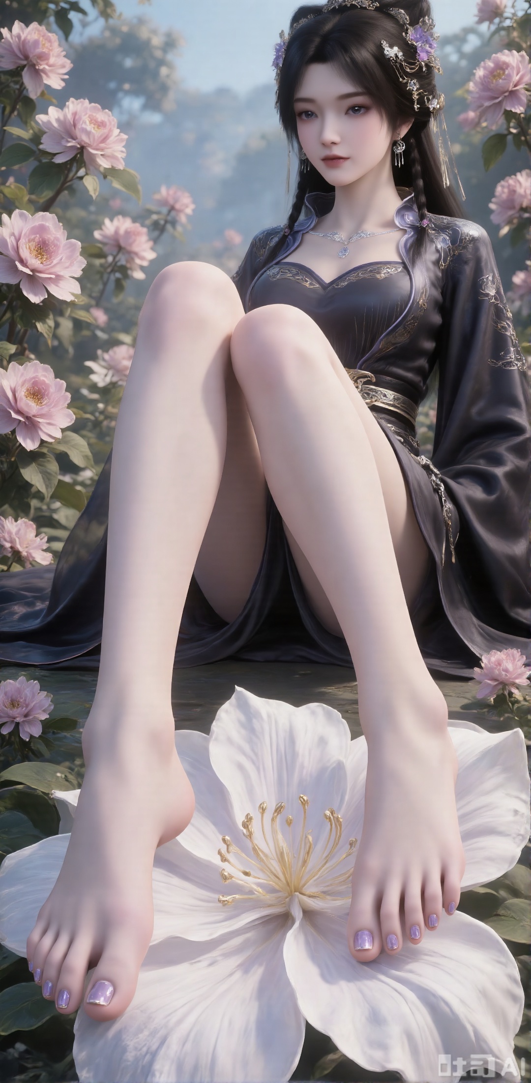 A woman. Her hair draped over her shoulders adds a touch of beauty to her outfit, she sits barefoot on a large white flower, decorated with purple nail polish on her feet and purple nail polish on her toes, and thick pink flowers on the background, creating a rich and textured background. In the middle of the painting, a beautiful Chinese woman stands among pink flowers, making her look like part of a garden full of flowers. Her skin is fair, her black details are delicate, her hair is soft and flowing, and she is carefully combed to complex hair accessories, with gorgeous details. She is in a bright garden with bright flowers, blue sky and deep and rich tones.
