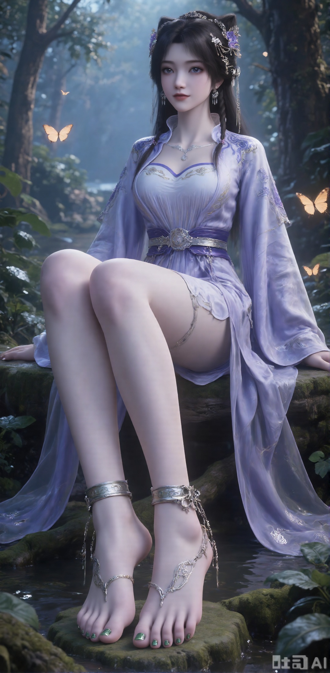 The image is a digital illustration of a young woman sitting on a mossy log in the forest. She was wearing a purple dress with intricate patterns and patterns, with her legs crossed in front of her. She was barefoot and her toenails were covered with green nail polish. She has long, loose wavy hair, and wears earrings and garlands. The background is tall trees and dense green plants, and a few butterflies are flying around her. The overall atmosphere of this picture is quiet and peaceful.Facial features are extremely clear