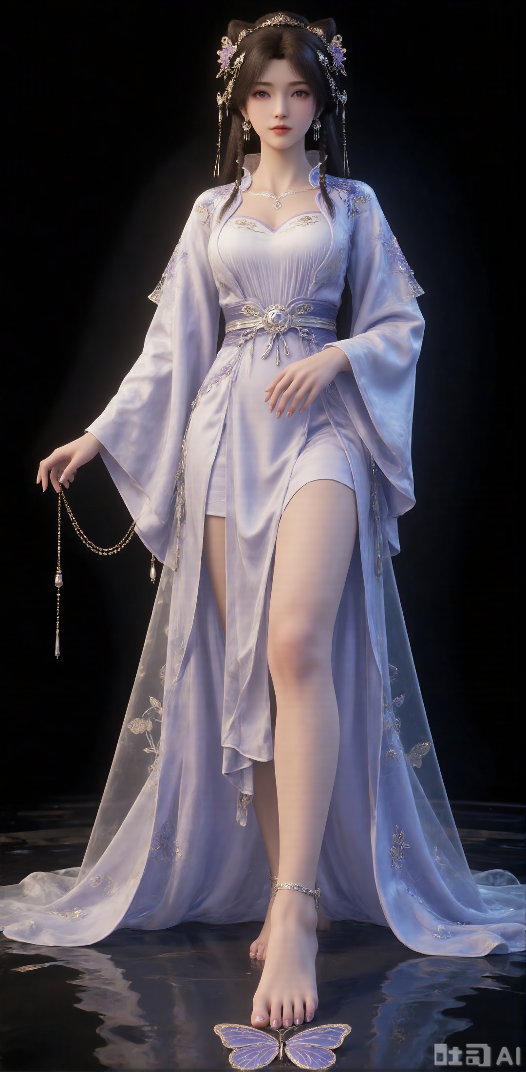 1 girl, single, dark brown hair, bob, wearing hair accessories, dress, wearing jewelry, white dress, looking at the audience, barefoot, butterfly shape decoration on her feet, pure black background,
Filters, filters, skin, very delicate, skin, flawless skin, exquisite, Yan Fei