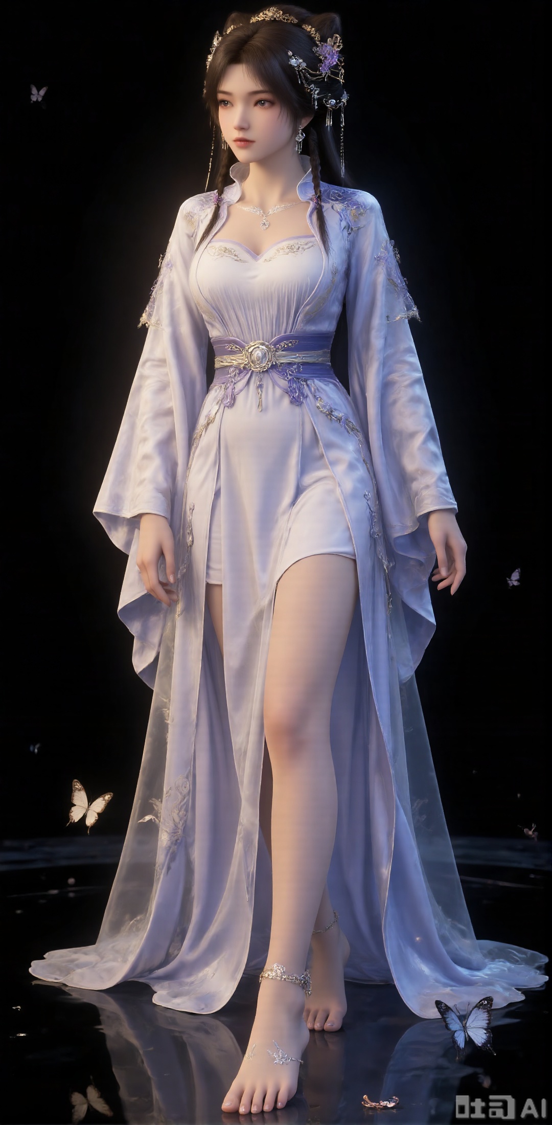 1 girl, single, dark brown hair, bob, wearing hair accessories, dress, wearing jewelry, white dress, looking at the audience, barefoot, butterfly shape decoration on her feet, pure black background,
Filters, filters, skin, very delicate, skin, flawless skin, exquisite, Yan Fei