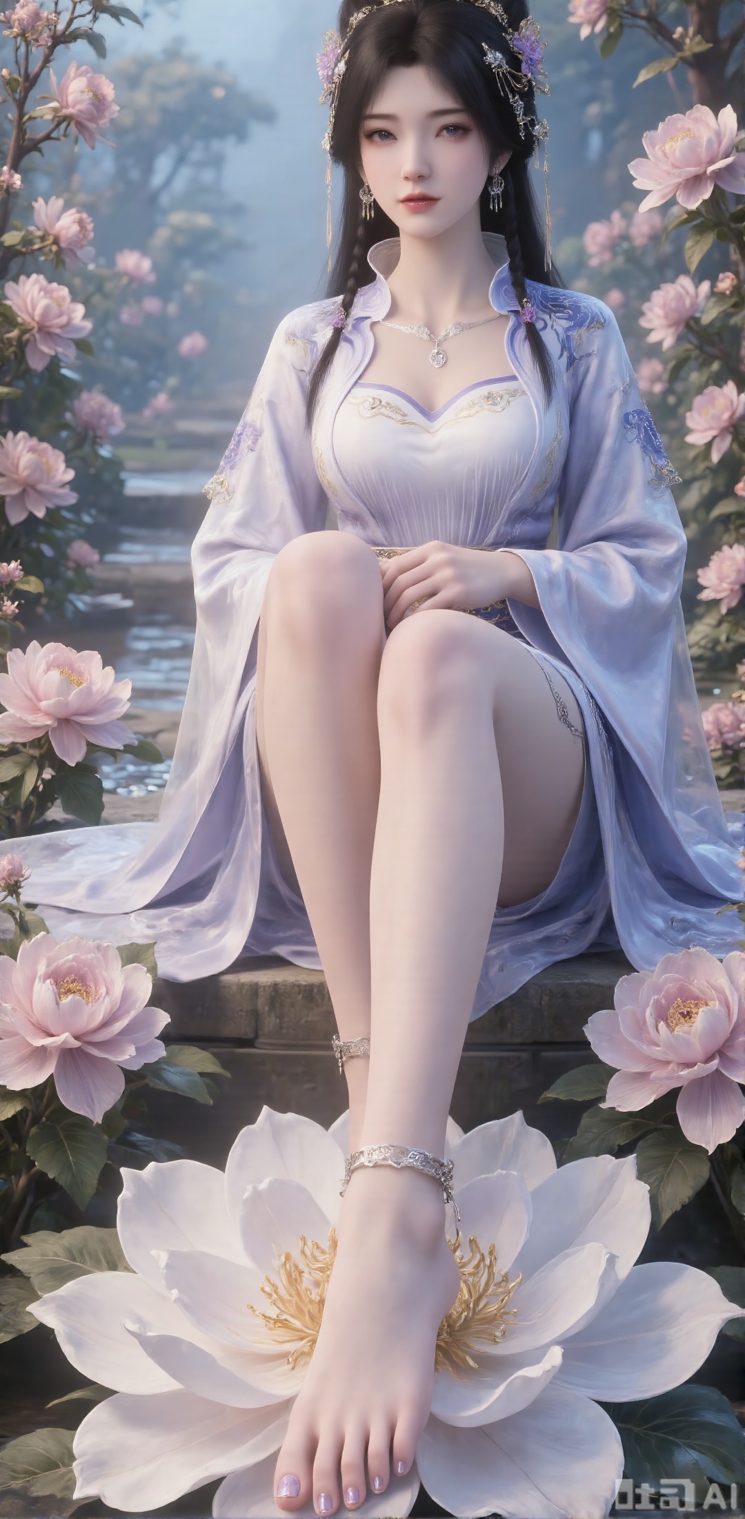 A woman. Her hair draped over her shoulders adds a touch of beauty to her outfit, she sits barefoot on a large white flower, decorated with purple nail polish on her feet and purple nail polish on her toes, and thick pink flowers on the background, creating a rich and textured background. In the middle of the painting, a beautiful Chinese woman stands among pink flowers, making her look like part of a garden full of flowers. Her skin is fair, her black details are delicate, her hair is soft and flowing, and she is carefully combed to complex hair accessories, with gorgeous details. She is in a bright garden with bright flowers, blue sky and deep and rich tones.
